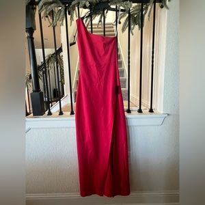 (New) Hot pink/Redish long one-shoulder gown with leg slit